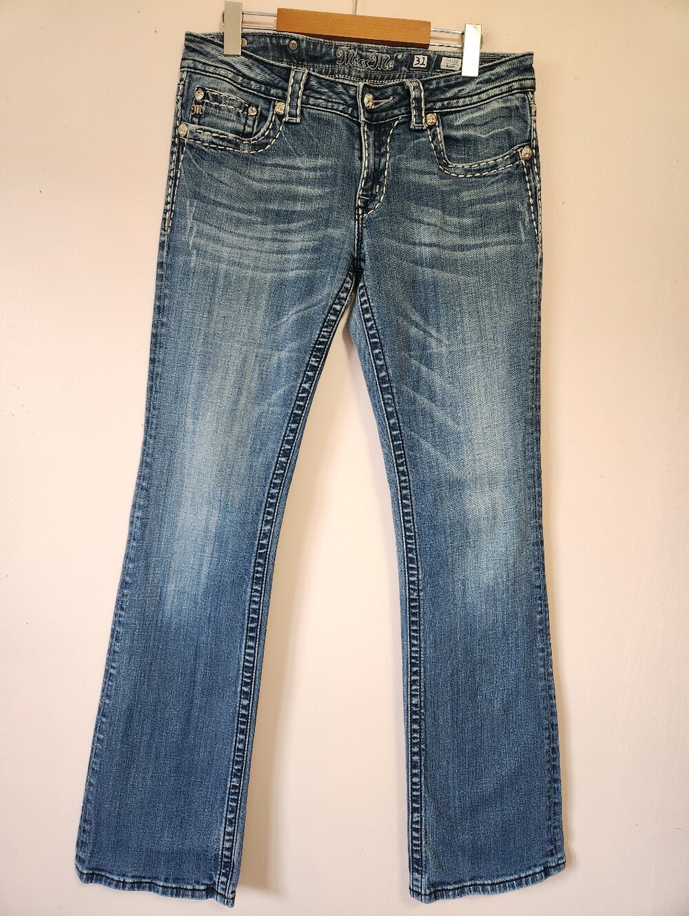 Miss Me Y2K Embellished Cross Bootcut Flare Jeans Thick Stitch Sz 31 Embroidered
